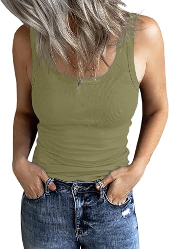 ELFIN Damen Tank Top Sommer Slim Fit Oberteile Gerippt Ärmellose Basic Shirt Weste Top Einfarbig (XL, Olive) von ELFIN