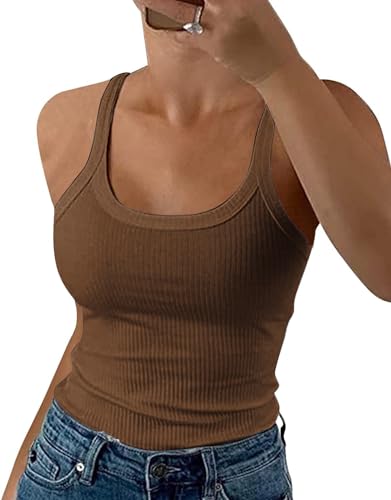 ELFIN Damen Spaghetti Top Gerippt Sommer Sexy Tank Top Cami Oberteile Ärmellos Slim Fit Basic Shirt Ribbed Träger Tops Einfarbig (L, Dunkelkaffee) von ELFIN