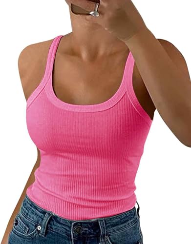 ELFIN Damen Spaghetti Top Gerippt Sommer Sexy Tank Top Cami Oberteile Ärmellos Slim Fit Basic Shirt Ribbed Träger Tops Einfarbig (M, Roserot) von ELFIN