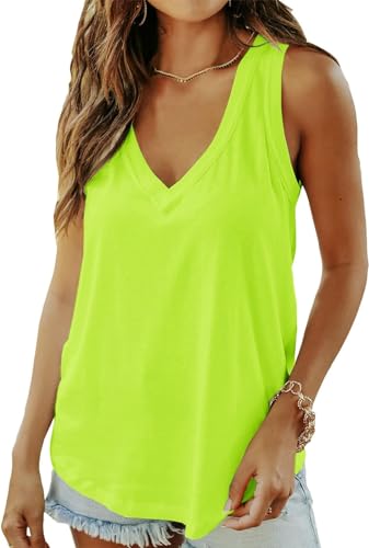 ELFIN Damen V-Ausschnitt Tank Top Ärmellos Sommer Basic T-Shirts Casual Oberteile Tunika Tops (L, Neon-grün) von ELFIN