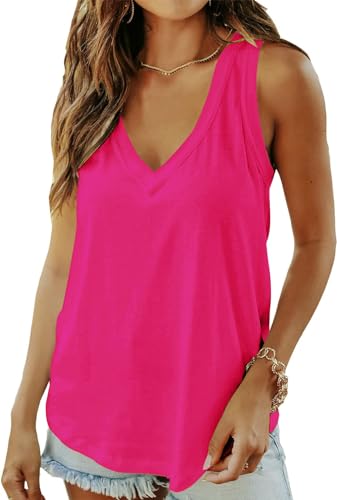 ELFIN Damen V-Ausschnitt Tank Top Ärmellos Sommer Basic T-Shirts Casual Oberteile Tunika Tops (L, Roserosa) von ELFIN