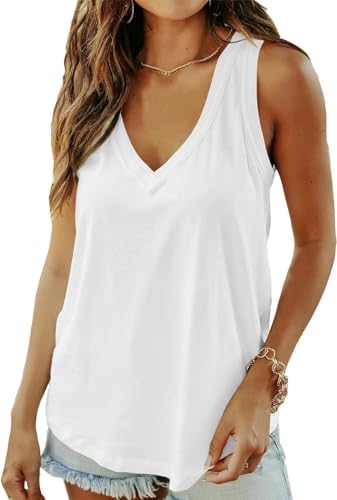 ELFIN Damen V-Ausschnitt Tank Top Ärmellos Sommer Basic T-Shirts Casual Oberteile Tunika Tops (L, Weiß) von ELFIN