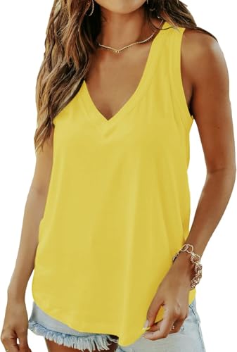 ELFIN Damen V-Ausschnitt Tank Top Ärmellos Sommer Basic T-Shirts Casual Oberteile Tunika Tops (S, Hellgelb) von ELFIN