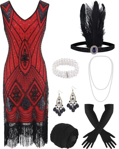 ELFIN Flapper Damen Pailletten Fransen Kleid - Cocktail 20er Party V-Ausschnitt Vintage 1920er Kostüm - Accessoires Set Mafia Fasching Karneval, XXL, Black Rot von ELFIN