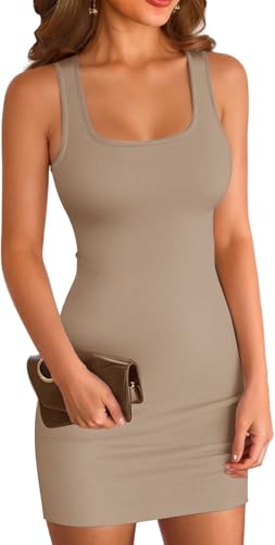 ELFIN Sommerkleid Damen Bodycon Kleid Gerippt Kurz Minikleid Quadratischer Ausschnitt Tank Kleid Slim Party Club Kleid Sommer Freizeitkleid Eng (M, Khaki) von ELFIN
