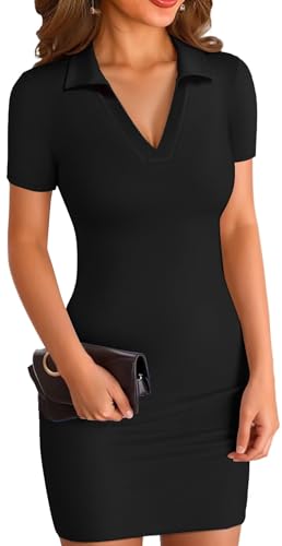 ELFIN Sommerkleid Damen Bodycon Kleid Gerippt Kurz Minikleid V Ausschnitt Kurzarm Sommer Freizeitkleid Eng Sport Kleider Polokragen (XL, Schwarz) von ELFIN