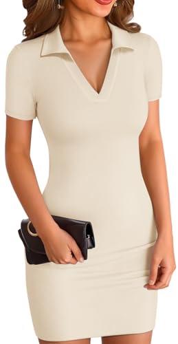 ELFIN Sommerkleid Damen Bodycon Kleid Gerippt Kurz Minikleid V Ausschnitt Kurzarm Sommer Freizeitkleid Eng Sport Kleider Polokragen (XL, Beige) von ELFIN