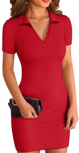 ELFIN Sommerkleid Damen Bodycon Kleid Gerippt Kurz Minikleid V Ausschnitt Kurzarm Sommer Freizeitkleid Eng Sport Kleider Polokragen (XL, Rot) von ELFIN