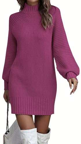 ELFIN Strickkleid Damen Rollkragen Langer Pullover Puff Ärmel Winter Pulloverkleid Freizeitkleid Langarm Strick Kleider Minikleid (L, Lilarot) von ELFIN