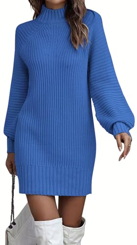 ELFIN Strickkleid Damen Rollkragen Langer Pullover Puff Ärmel Winter Pulloverkleid Freizeitkleid Langarm Strick Kleider Minikleid (M, Blau) von ELFIN