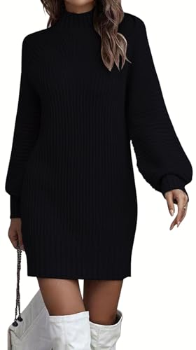 ELFIN Strickkleid Damen Rollkragen Langer Pullover Puff Ärmel Winter Pulloverkleid Freizeitkleid Langarm Strick Kleider Minikleid (S, Schwarz) von ELFIN