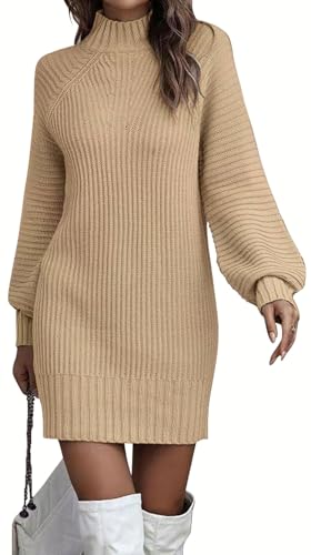 ELFIN Strickkleid Damen Rollkragen Langer Pullover Puff Ärmel Winter Pulloverkleid Freizeitkleid Langarm Strick Kleider Minikleid (XL, Aprikose) von ELFIN