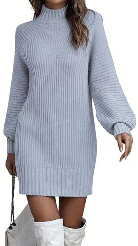ELFIN Strickkleid Damen Rollkragen Langer Pullover Puff Ärmel Winter Pulloverkleid Freizeitkleid Langarm Strick Kleider Minikleid (XL, Graublau) von ELFIN