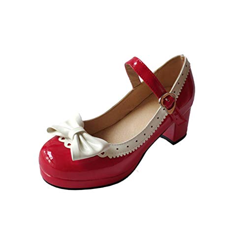 ELFY Damen Süße Lolita Cosplay Schuhe Schleife Mid Chunky Heel Mary Jane Pumps, (Rot1), 39 EU von ELFY