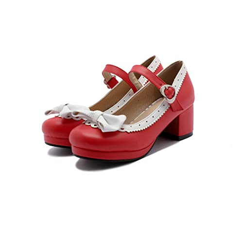 ELFY Damen Süße Lolita Cosplay Schuhe Schleife Mid Chunky Heel Mary Jane Pumps, Rot (rot), 40 EU von ELFY