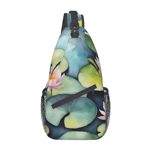 Blaue Eule Sling Bag Damen Crossbody Fanny Packs Crossbody Taschen Umhängetasche Für Männer Frauen Reisen Wandern, Schwarze Lilien-Pads, Einheitsgröße von ELFcat