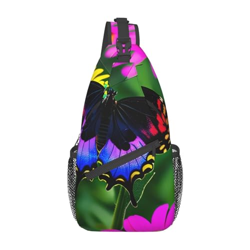 Hawaii Blume Sling Bag Damen Crossbody Bauchtaschen Crossbody Taschen Umhängetasche Für Männer Frauen Reisen Wandern, Blumen Bunte Schmetterling, Einheitsgröße von ELFcat