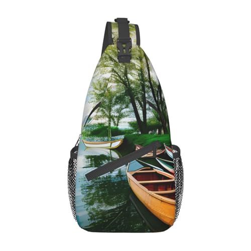 Landschaft Bäume Sling Bag Damen Crossbody Bauchtaschen Crossbody Taschen Umhängetasche Für Männer Frauen Reisen Wandern, See mit Booten Kanus Park1, Einheitsgröße von ELFcat