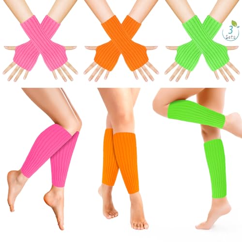 ELICNA 3 Paare Elastische Neon Beinstulpen 3 Paare Handschuhe 80er 90er Neon Beinwärmer Set Kostüm für Karneval Mottoparty（Rosa Orange Grün） 80er Jahre Kostüm Zubehör von ELICNA
