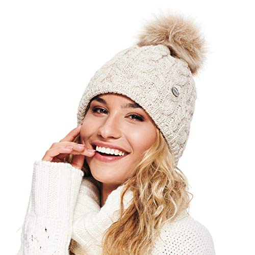 ELIMELI® Damen Winter Mütze warme Strickmütze Wintermütze mit Bommel Slouch Strick Beanie Damen für Winter Bommelmütze Hergestellt in EU Farbenauswahl 15568 (Beige) von ELIMELI