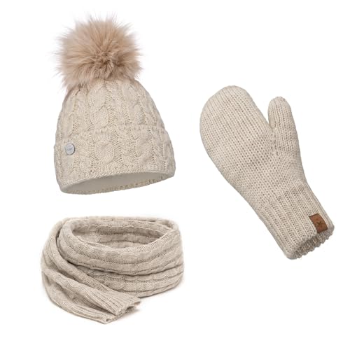 ELIMELI® Damen Winter Mütze warme Strickmütze Wintermütze mit Bommel Slouch Strick Beanie Damen für Winter Bommelmütze Hergestellt in EU Farbenauswahl 15568 (Beige - Mütze Schal Handschuhe) von ELIMELI