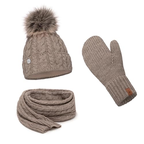 ELIMELI® Damen Winter Mütze warme Strickmütze Wintermütze mit Bommel Slouch Strick Beanie Damen für Winter Bommelmütze Hergestellt in EU Farbenauswahl 15568 (Cappuccino - Mütze Schal Handschuhe) von ELIMELI