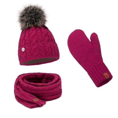 ELIMELI® Damen Winter Mütze warme Strickmütze Wintermütze mit Bommel Slouch Strick Beanie Damen für Winter Bommelmütze Hergestellt in EU Farbenauswahl 15568 (Fuchsia - Mütze Schal Handschuhe) von ELIMELI