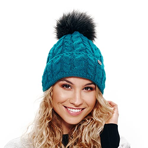 ELIMELI® Damen Winter Mütze warme Strickmütze Wintermütze mit Bommel Slouch Strick Beanie Damen für Winter Bommelmütze Hergestellt in EU Farbenauswahl 15568 (Petrol) von ELIMELI