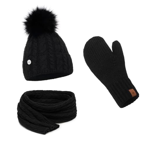 ELIMELI® Damen Winter Mütze warme Strickmütze Wintermütze mit Bommel Slouch Strick Beanie Damen für Winter Bommelmütze Hergestellt in EU Farbenauswahl 15568 (Schwarz - Mütze Schal Handschuhe) von ELIMELI