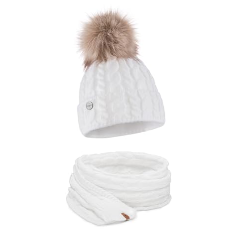 ELIMELI® Damen Winter Mütze warme Strickmütze Wintermütze mit Bommel Slouch Strick Beanie Damen für Winter Bommelmütze Hergestellt in EU Farbenauswahl 15568 (Weiß - Set mit Schal) von ELIMELI