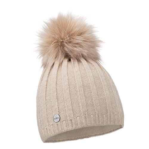 ELIMELI® Kaschmir Mütze Damen Winter warme Strickmütze Wollmütze mit Kaschmir Wintermütze mit Kunstfell Bommel Slouch Strick Beanie Damen für Winter Bommelmütze Hergestellt in EU (beige) von ELIMELI