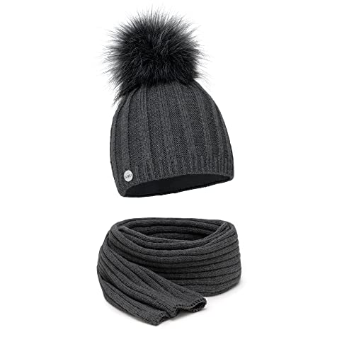 ELIMELI® Kaschmir Mütze Schal Damen Winter Kombi Set - warme Strickmütze mit Kunstfell Bommel - 3-teilig, Winterset Wintermütze passender Schal Wollmütze Beanie Slouch Strick Made in EU - dunkelgrau von ELIMELI