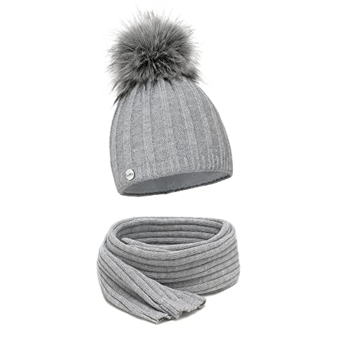 ELIMELI® Kaschmir Mütze Schal Damen Winter Kombi Set - warme Strickmütze mit Kunstfell Bommel - 3-teilig, Winterset Wintermütze passender Schal Wollmütze Beanie Slouch Strick Made in EU - grau von ELIMELI