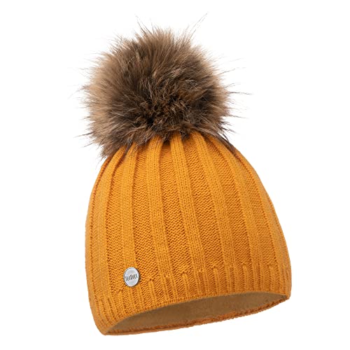 ELIMELI Kaschmir Mütze Damen Winter warme Strickmütze Wollmütze mit Kaschmir Wintermütze mit Kunstfell Bommel Beanie Damen für Winter Bommelmütze (Senfgelb) von ELIMELI