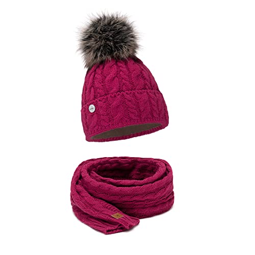 ELIMELI® Mütze Schal Damen Winter Kombi Set - warme Strickmütze Wintermütze mit Bommel und EIN passender Schal - Slouch Strick Beanie Bommelmütze (Fuchsia - Set mit Schal) von ELIMELI