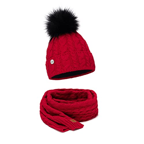 ELIMELI® Mütze Schal Damen Winter Kombi Set - warme Strickmütze Wintermütze mit Bommel und EIN passender Schal - Slouch Strick Beanie Bommelmütze (Rot - Set mit Schal) von ELIMELI