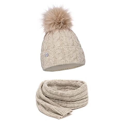 ELIMELI® Mütze Schal Damen Winter Kombi Set - warme Strickmütze Wintermütze mit Bommel und EIN passender XL Schal - Slouch Strick Beanie Bommelmütze Made in EU 15568 (Beige) von ELIMELI