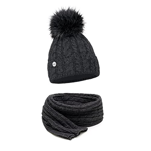 ELIMELI® Mütze Schal Damen Winter Kombi Set - warme Strickmütze Wintermütze mit Bommel und EIN passender XL Schal - Slouch Strick Beanie Bommelmütze Made in EU 15568 (Dunkelgrau) von ELIMELI