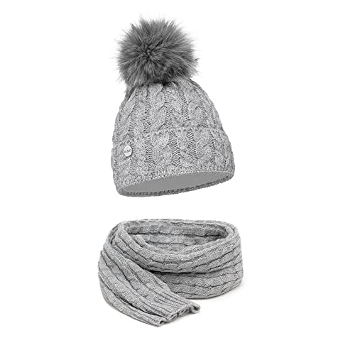 ELIMELI® Mütze Schal Damen Winter Kombi Set - warme Strickmütze Wintermütze mit Bommel und EIN passender XL Schal - Slouch Strick Beanie Bommelmütze Made in EU 15568 (Grau) von ELIMELI