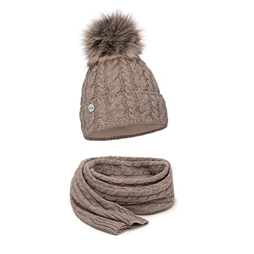 ELIMELI® Mütze Schal Damen Winter Kombi Set - warme Strickmütze Wintermütze mit Bommel und EIN passender XL Schal - Slouch Strick Beanie Bommelmütze Made in EU Farbenauswahl 15568 (Cappuccino) von ELIMELI