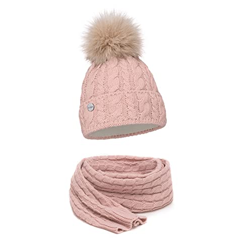 ELIMELI® Mütze Schal Damen Winter Kombi Set - warme Strickmütze Wintermütze mit Bommel und EIN passender XL Schal - Slouch Strick Beanie Bommelmütze Made in EU Farbenauswahl 15568 (Rosa) von ELIMELI