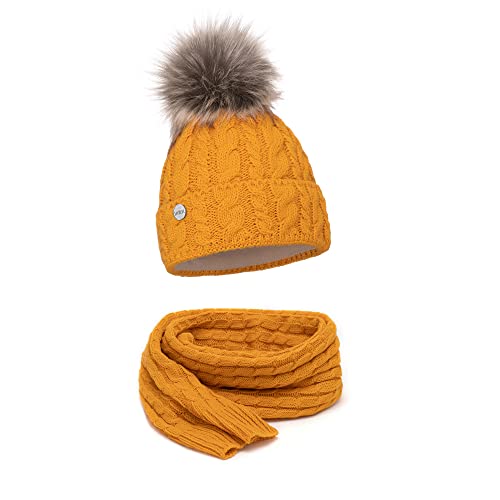 ELIMELI® Mütze Schal Damen Winter Kombi Set - warme Strickmütze Wintermütze mit Bommel und EIN passender XL Schal - Slouch Strick Beanie Bommelmütze Made in EU Farbenauswahl 15568 (Senfgelb) von ELIMELI