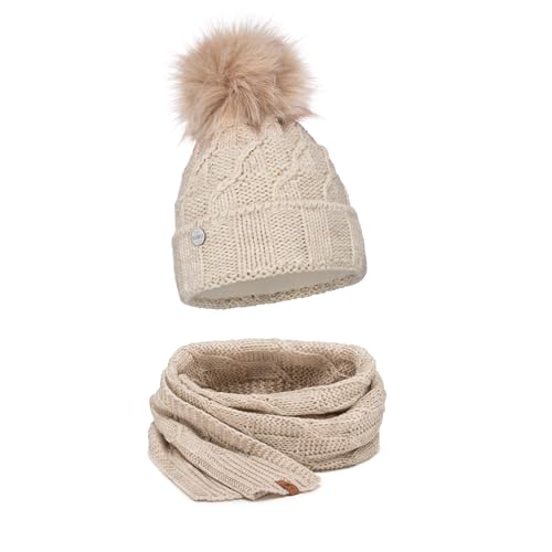 ELIMELI® Mütze Schal Damen Winter Kombi Set - warme Strickmütze Wintermütze mit Bommel und Schal - Slouch Strick Beanie Bommelmütze (Beige - Set mit Schal) von ELIMELI