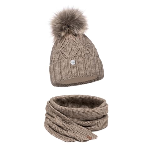ELIMELI® Mütze Schal Damen Winter Kombi Set - Warme Strickmütze Mit Bommel und Schal - Slouch Strick Beanie Bommelmütze (Cappuccino) von ELIMELI