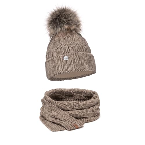 ELIMELI® Mütze Schal Damen Winter Kombi Set - warme Strickmütze Wintermütze mit Bommel und Schal - Slouch Strick Beanie Bommelmütze (Cappucino - Set mit Schal) von ELIMELI