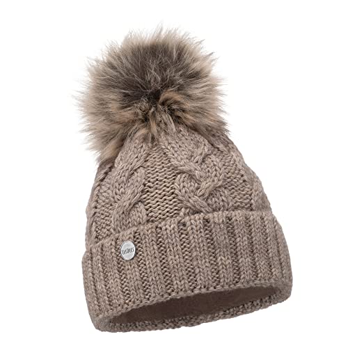 ELIMELI® Winter Mütze Damenmütze mit Fell-Bommel Fleece Innenfutter gefüttert - warme Damen Bommelmütze Strickmütze - Wintermütze mit Kunstfell Bommel - Slouch Strick Beanie Made in EU (Cappucino) von ELIMELI