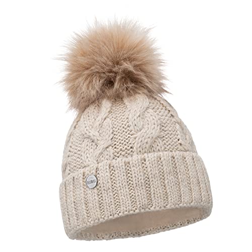 ELIMELI® Winter Mütze Damenmütze mit Fell-Bommel Fleece Innenfutter gefüttert - warme Damen Bommelmütze Strickmütze - Wintermütze mit Kunstfell Bommel - Slouch Strick Beanie Made in EU (beige) von ELIMELI