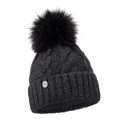 ELIMELI® Winter Mütze Damenmütze mit Fell-Bommel Fleece Innenfutter gefüttert - warme Damen Bommelmütze Strickmütze - Wintermütze mit Kunstfell Bommel - Slouch Strick Beanie Made in EU (dunkelgrau) von ELIMELI