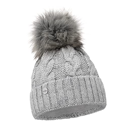 ELIMELI® Winter Mütze Damenmütze mit Fell-Bommel Fleece Innenfutter gefüttert - warme Damen Bommelmütze Strickmütze - Wintermütze mit Kunstfell Bommel - Slouch Strick Beanie Made in EU (grau) von ELIMELI