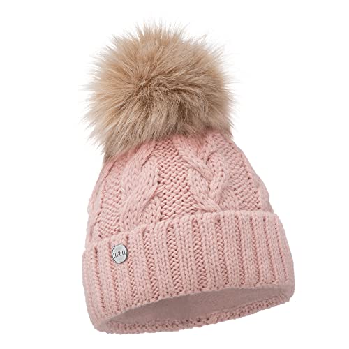 ELIMELI® Winter Mütze Damenmütze mit Fell-Bommel Fleece Innenfutter gefüttert - warme Damen Bommelmütze Strickmütze - Wintermütze mit Kunstfell Bommel - Slouch Strick Beanie Made in EU (rosa) von ELIMELI